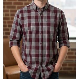 HAGGAR Plaid Collared Button Down Shirt, Men’s M, Maroon Gray